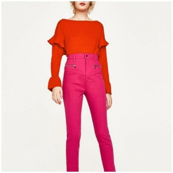 Zara Knit EUC Orange Boat Neck Ruffle Bell Sleeve Sweater Size S - Picture 4 of 12